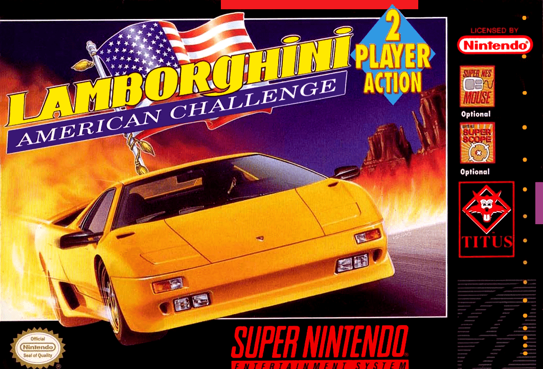 Lamborghini American Challenge box art for Super Nintendo